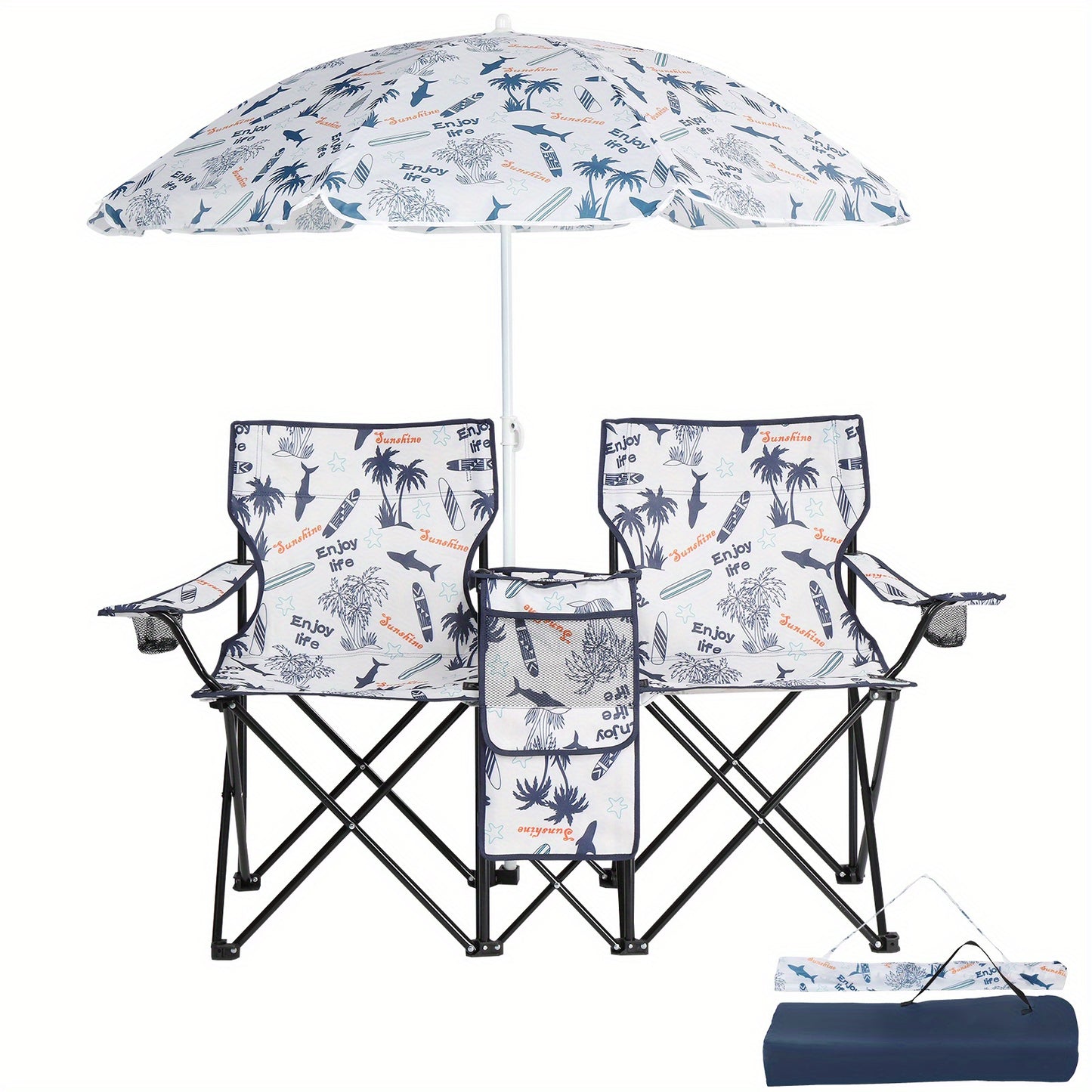Folding Fishing Chair with Built In Umbrella Durable Oxford Fabric 18739LB Capacity Red Gray Coconut Tree Design Black Pineapple Pattern Ideal for Outdoor Patio Beach and Fishing Includes Carrying Bag