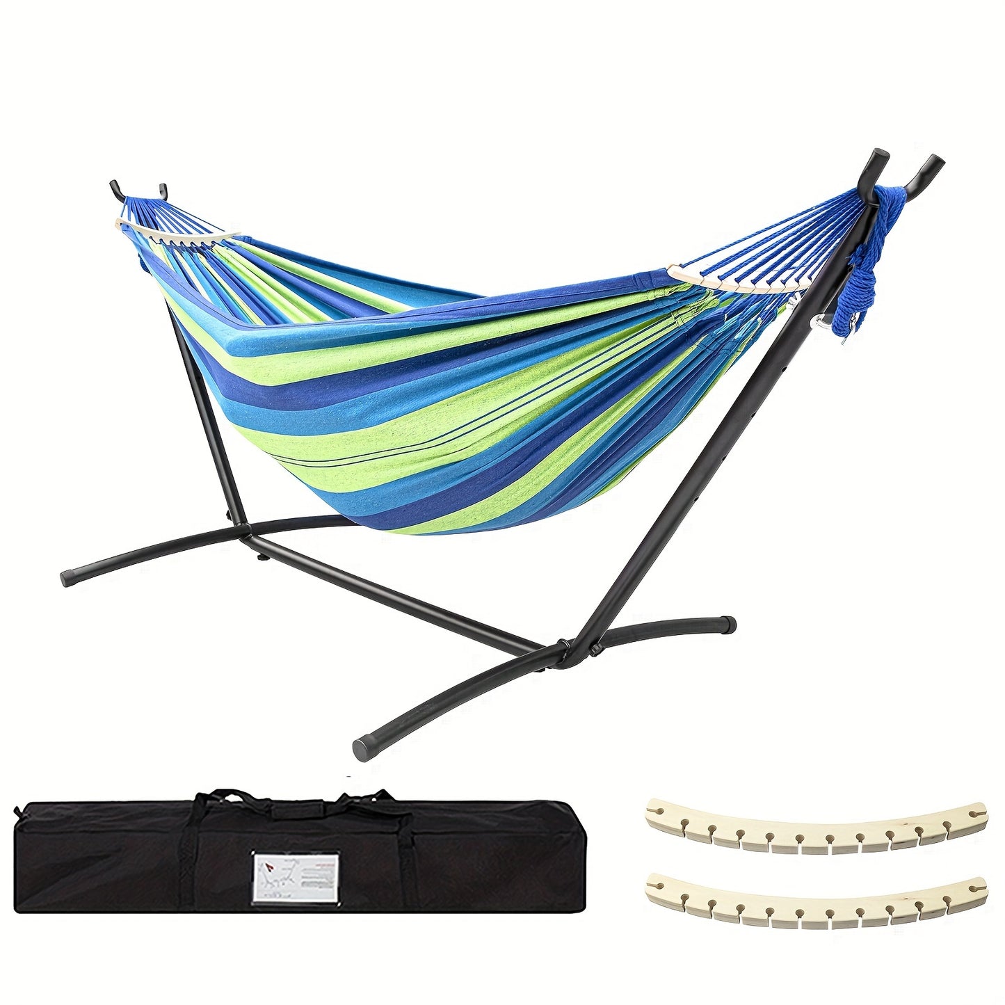 Double Hammock With Stand Included 450lb Capacity Steel Stand Premium Carry Bag And Two Anti Roll Balance Beam For Outdoor Relaxation And Camping Suitable For Adults Perfect Gift For Backyard And Travel Lovers