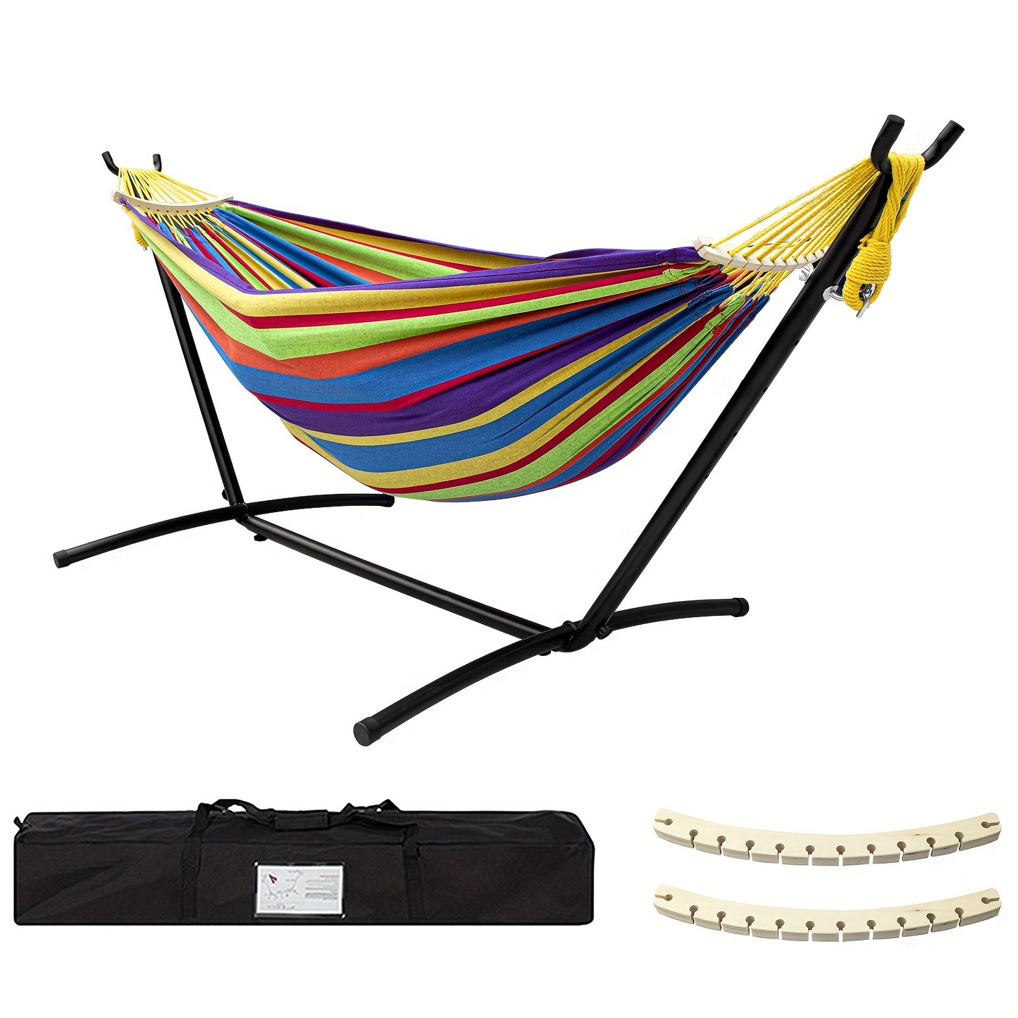 Double Hammock With Stand Included 450lb Capacity Steel Stand Premium Carry Bag And Two Anti Roll Balance Beam For Outdoor Relaxation And Camping Suitable For Adults Perfect Gift For Backyard And Travel Lovers