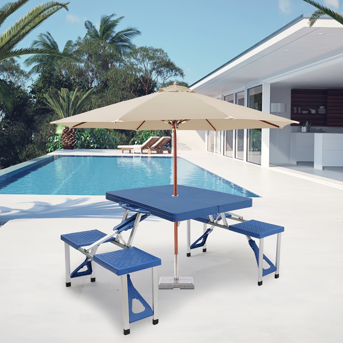 Blue Plastic Silvery Aluminum Alloy Camping Integrated Table And Chair 53.35 x 32.68 x 25.79 Inch 110.23 LB