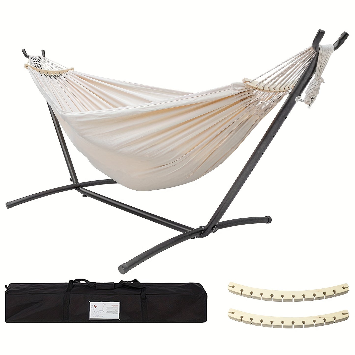 Double Hammock With Stand Included 450lb Capacity Steel Stand Premium Carry Bag And Two Anti Roll Balance Beam For Outdoor Relaxation And Camping Suitable For Adults Perfect Gift For Backyard And Travel Lovers