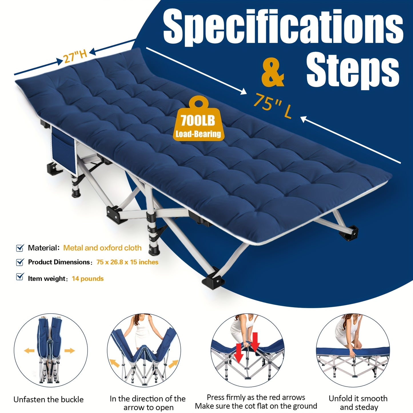 Oversize XXL Folding Camping Cot Extra Wide Heavy Duty Guest Bed with Mattress Max Load 700 Pounds Portable Bed for Adults Kids Travel Outdoor Beach Garden Fishing Vacation 79 Inches Long 32 Inches Wide 18 Inches High