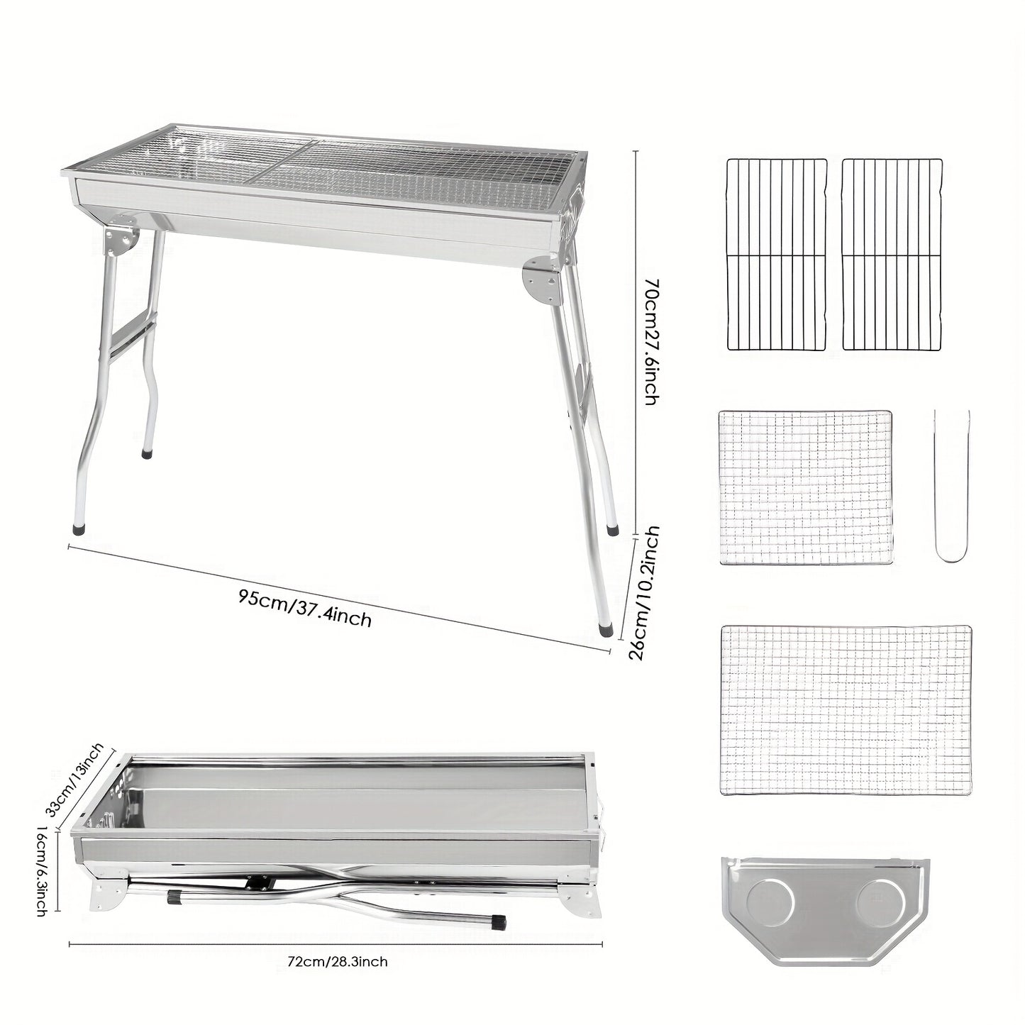Portable Stainless Steel Folding Barbecue Grill With Tool Set Including Forks Shovels And Tongs Large Charcoal Grill With Side Tables And Condiment Storage Basket Ideal For Outdoor Cooking