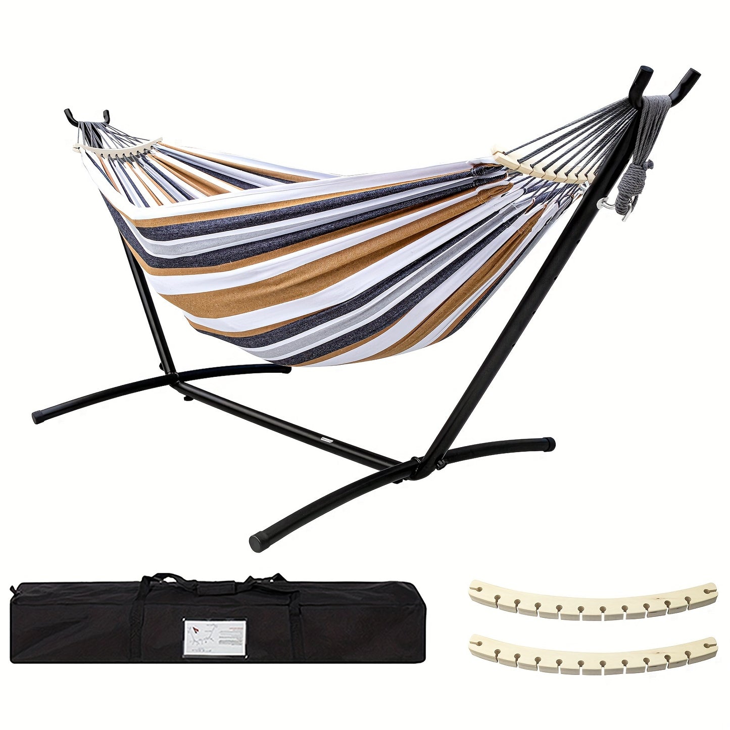 Double Hammock With Stand Included 450lb Capacity Steel Stand Premium Carry Bag And Two Anti Roll Balance Beam For Outdoor Relaxation And Camping Suitable For Adults Perfect Gift For Backyard And Travel Lovers