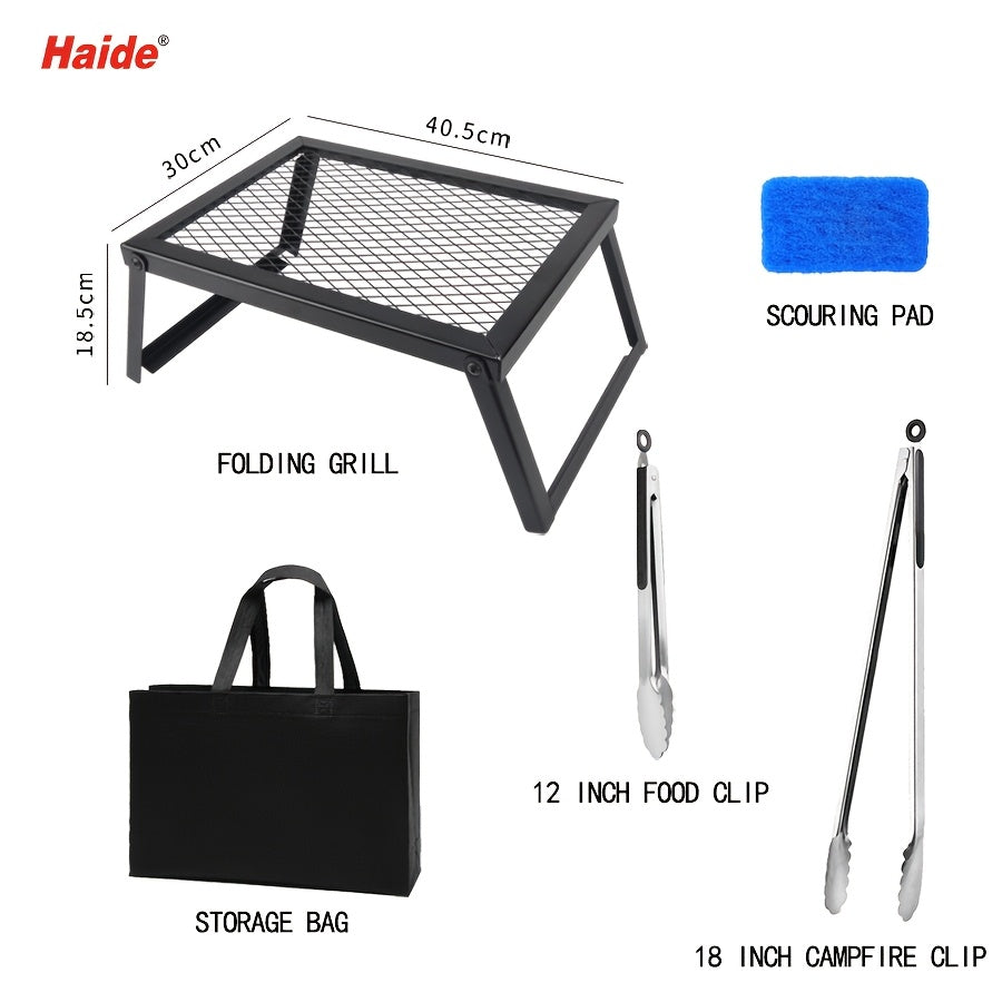 Heavy Duty Bonfire Grill and Firewood Rack with Kitchen Shelf Durable 2 Point 0 Thick Steel Ideal for Outdoor Camping Picnics RV Parties and Heating Includes Food Clips and Cleaning Cloth Men's Gift BBQ Grill
