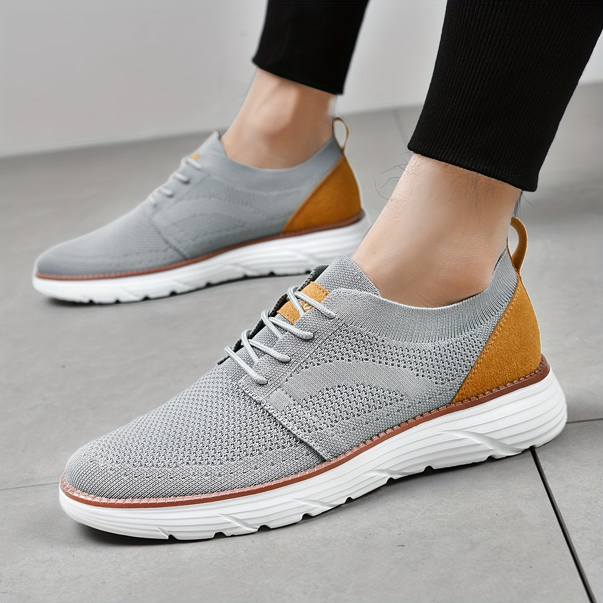AOPLUS Men's Breathable Knit Walking Sneakers Black and Orange Contrast Casual Shoes Rubber Sole Lace Up Low Top Design All Season Comfort Sports and Daily Wear Flexible Footwear