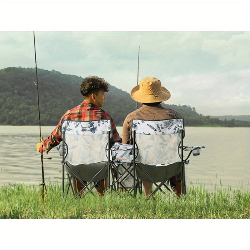 Folding Fishing Chair with Built In Umbrella Durable Oxford Fabric 18739LB Capacity Red Gray Coconut Tree Design Black Pineapple Pattern Ideal for Outdoor Patio Beach and Fishing Includes Carrying Bag