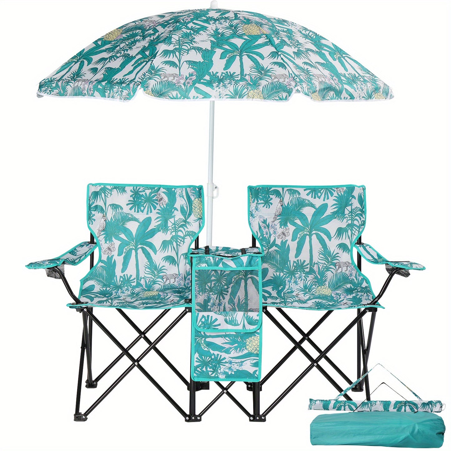 Folding Fishing Chair with Built In Umbrella Durable Oxford Fabric 18739LB Capacity Red Gray Coconut Tree Design Black Pineapple Pattern Ideal for Outdoor Patio Beach and Fishing Includes Carrying Bag