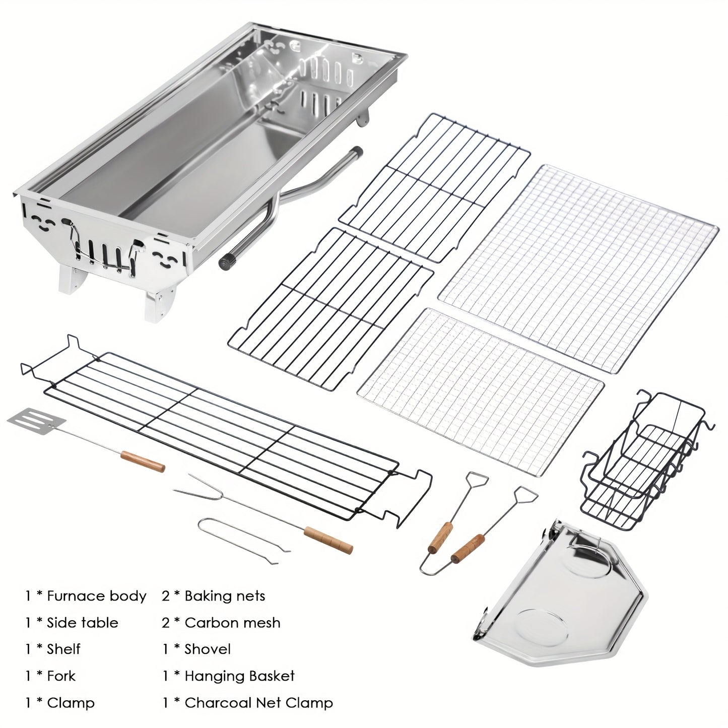 Portable Stainless Steel Folding Barbecue Grill With Tool Set Including Forks Shovels And Tongs Large Charcoal Grill With Side Tables And Condiment Storage Basket Ideal For Outdoor Cooking