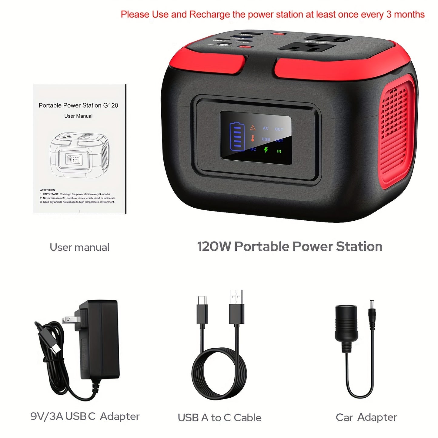 Super Portable Power Station 120W Mini Solar Generator Lithium Battery Fast Charger with USB C USB QC3.0 2 110V AC Sockets DC Output and Emergency LED Light for Camping Hiking Vacation