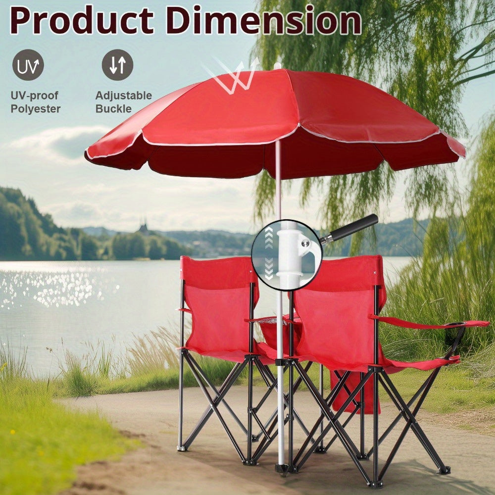 Folding Fishing Chair with Built In Umbrella Durable Oxford Fabric 18739LB Capacity Red Gray Coconut Tree Design Black Pineapple Pattern Ideal for Outdoor Patio Beach and Fishing Includes Carrying Bag