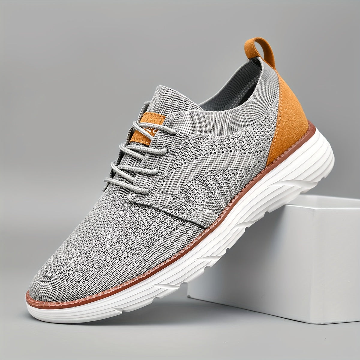 AOPLUS Men's Breathable Knit Walking Sneakers Black and Orange Contrast Casual Shoes Rubber Sole Lace Up Low Top Design All Season Comfort Sports and Daily Wear Flexible Footwear