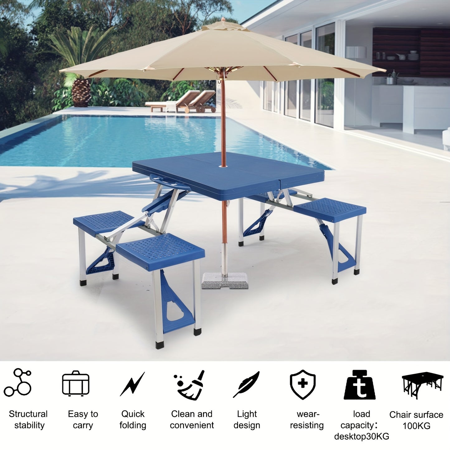 Blue Plastic Silvery Aluminum Alloy Camping Integrated Table And Chair 53.35 x 32.68 x 25.79 Inch 110.23 LB