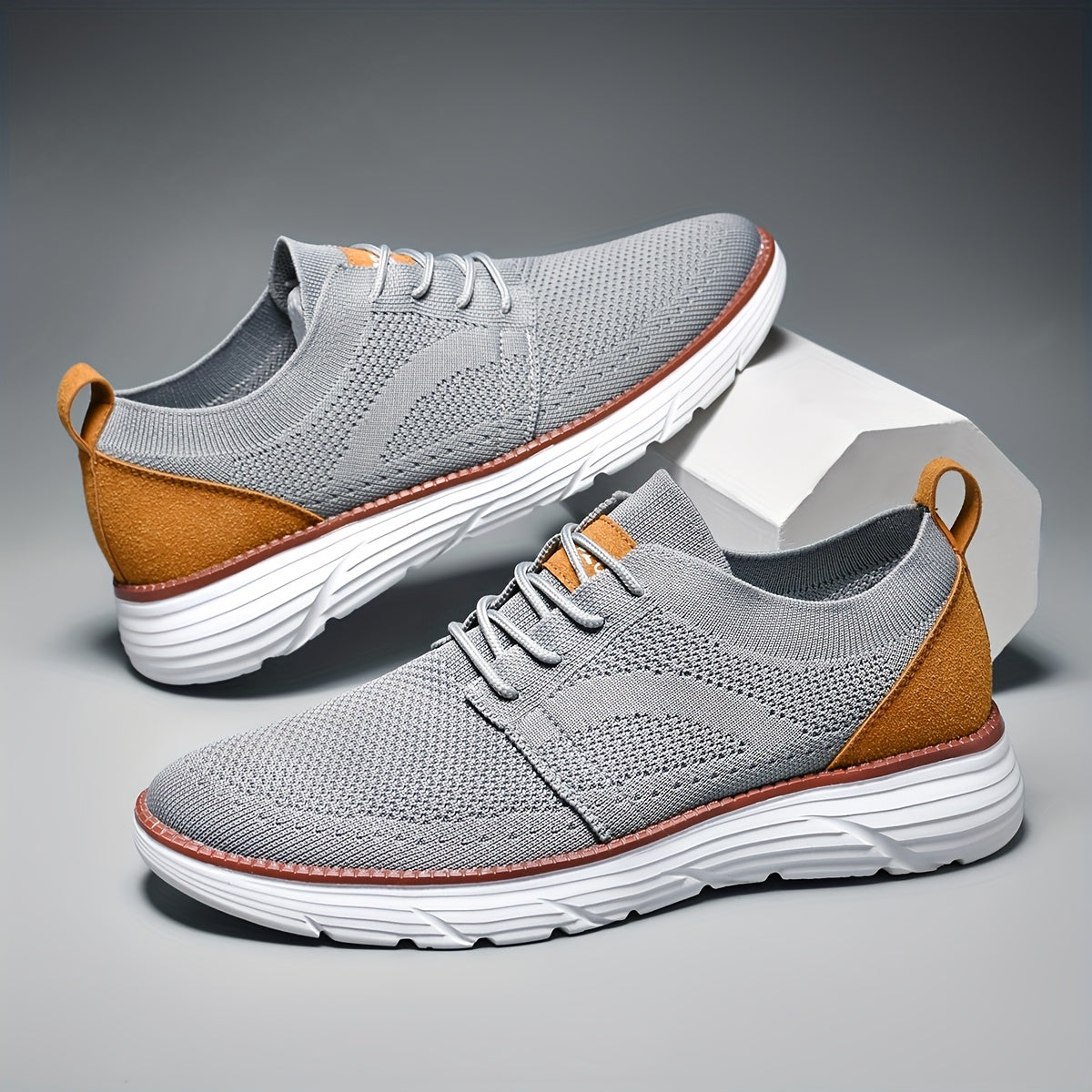 AOPLUS Men's Breathable Knit Walking Sneakers Black and Orange Contrast Casual Shoes Rubber Sole Lace Up Low Top Design All Season Comfort Sports and Daily Wear Flexible Footwear