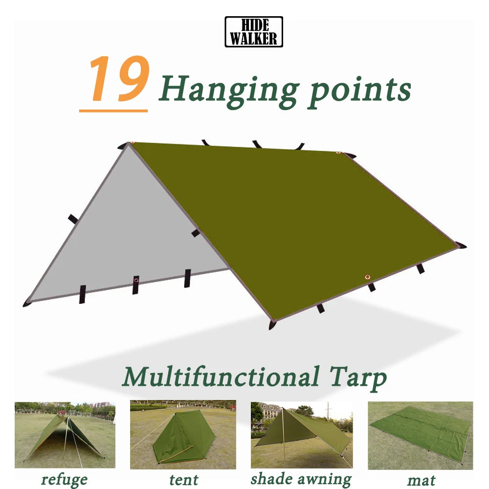 Waterproof Tent Tarp with 19 Hang Points Survival Tent for Outdoor Camping Tactical Sun Shelter Lightweight Sunshade Awning 4x4 3x4 3x3