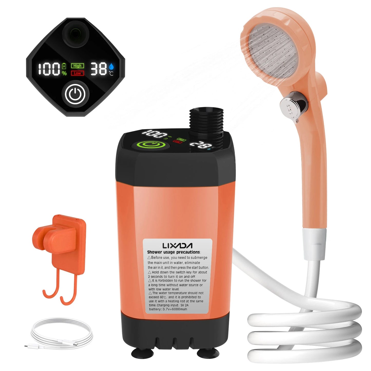 Camping Shower Pump RV Outdoor Shower Kit Portable Camp Shower with Intelligent Digital Display Adjustable 6000mAh Battery