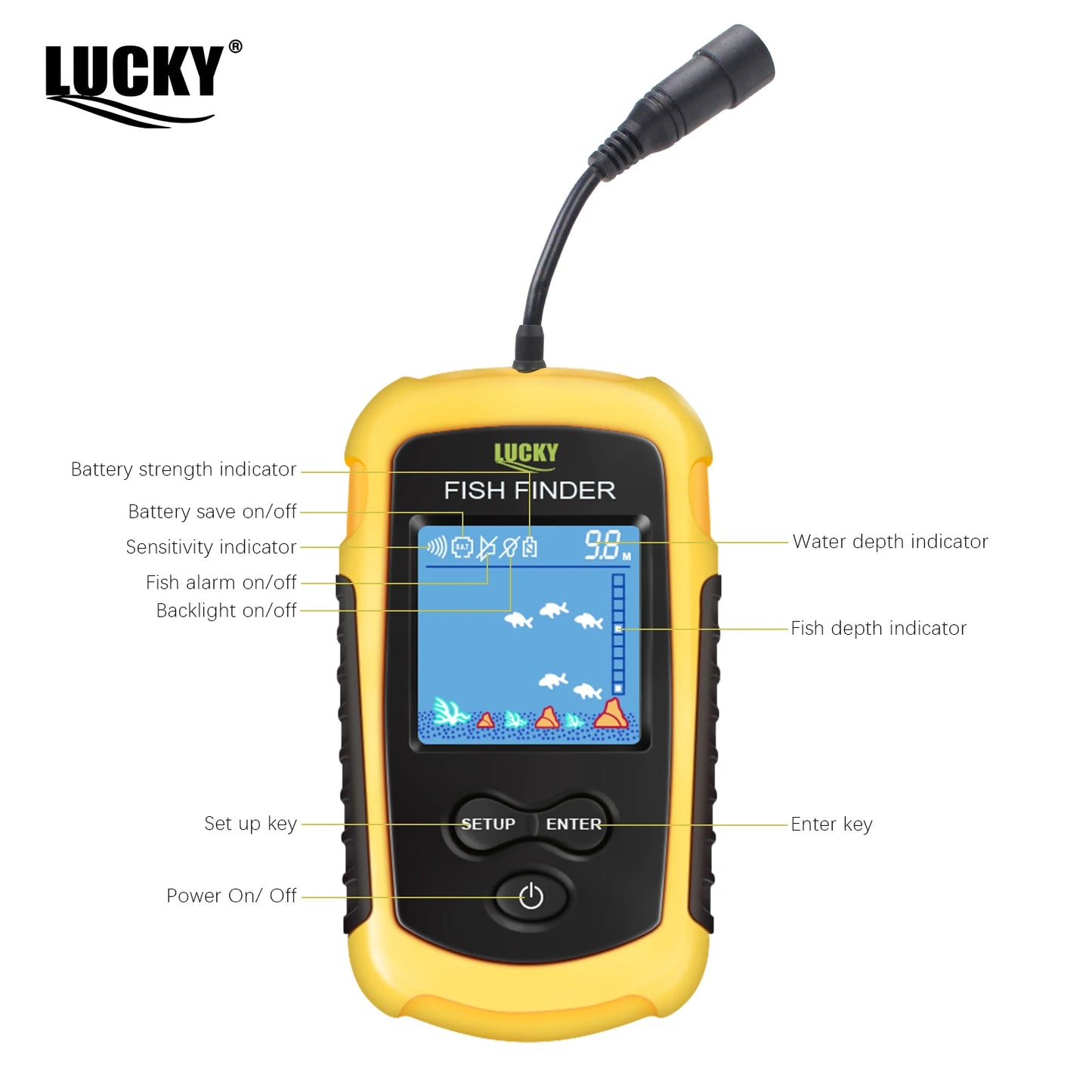 FFC1108-1 Portable Sonar Fish Finder 100M Depth Capability 45 Degrees Sonar Coverage Echo Sounder Alarm for Lake and Sea Fishing