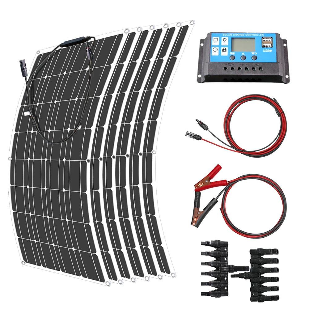 12V Flexible Solar Panel 100W 200W 300W 400W 500W 600W Bendable Waterproof Monocrystalline Solar Panel for RV and Boat