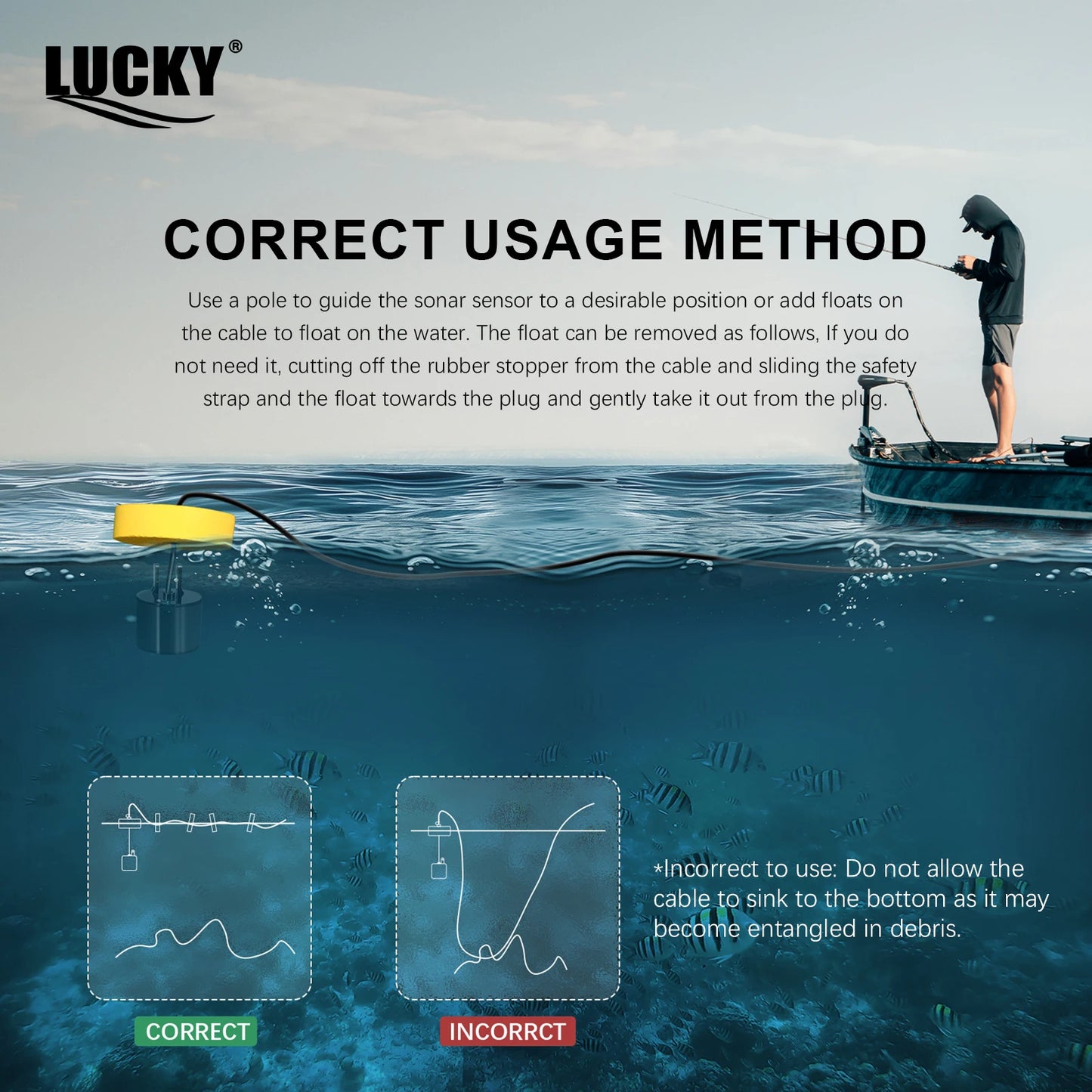 FFC1108-1 Portable Sonar Fish Finder 100M Depth Capability 45 Degrees Sonar Coverage Echo Sounder Alarm for Lake and Sea Fishing