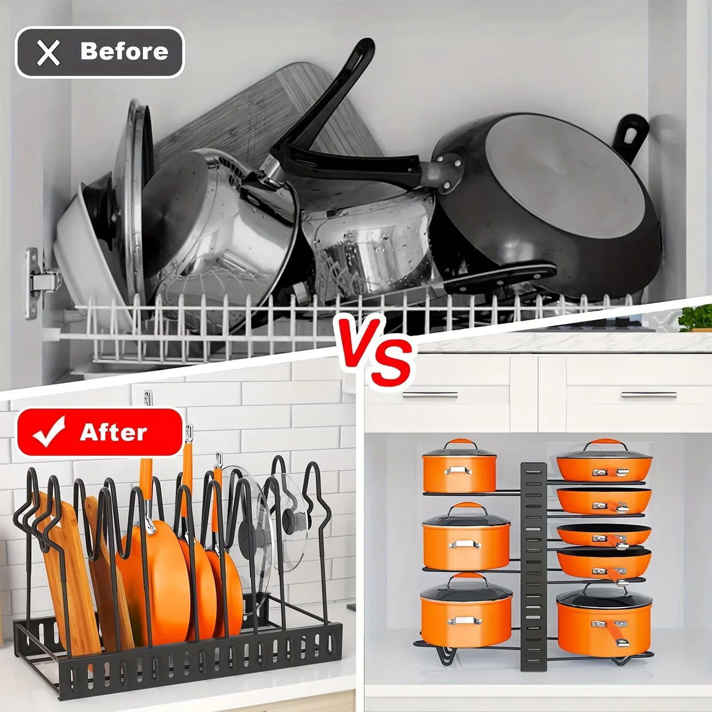 2 Pack Pot Rack Organizers Kitchen Organization and Storage Rack Adjustable Pot Lid Holders and Pan Rack
