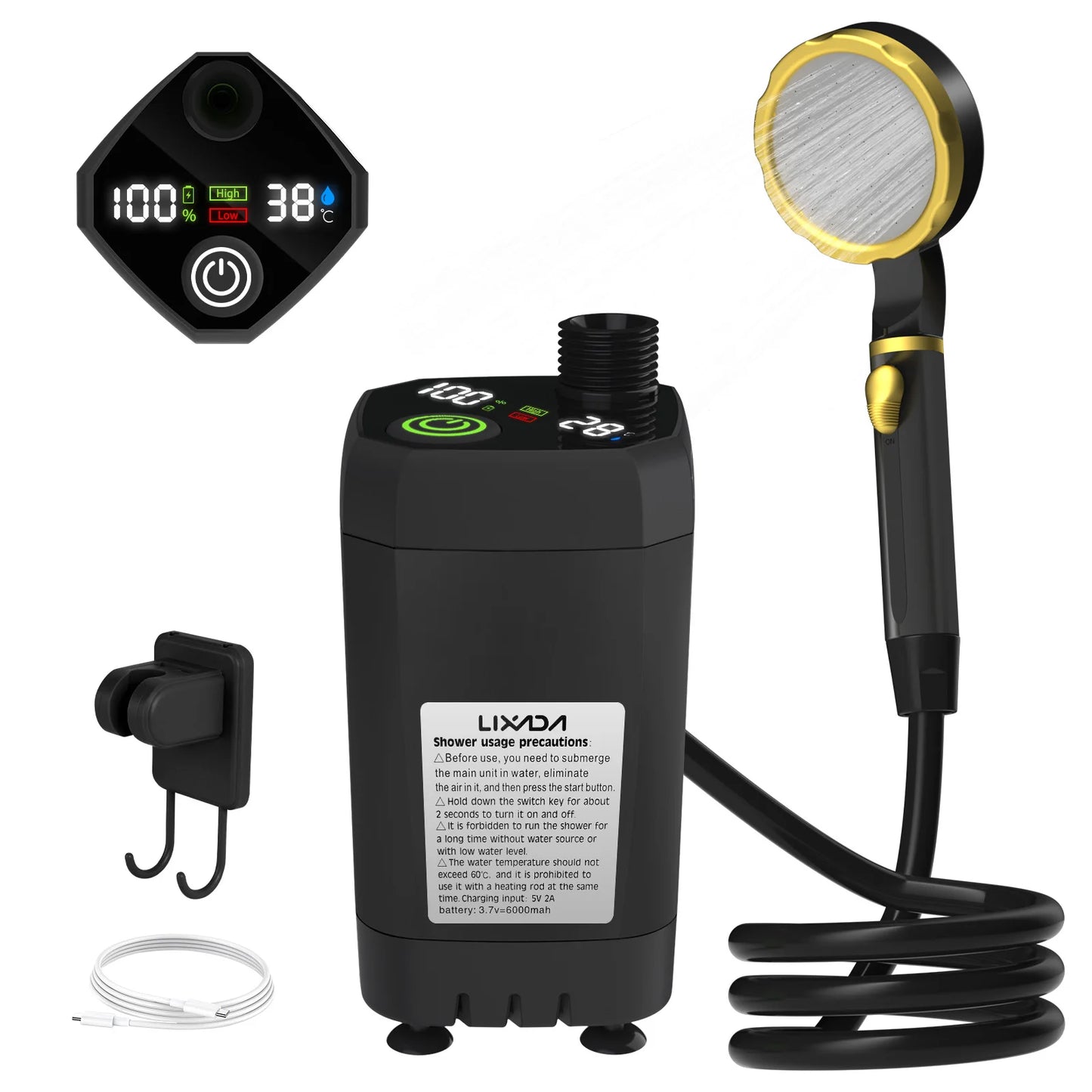 Camping Shower Pump RV Outdoor Shower Kit Portable Camp Shower with Intelligent Digital Display Adjustable 6000mAh Battery