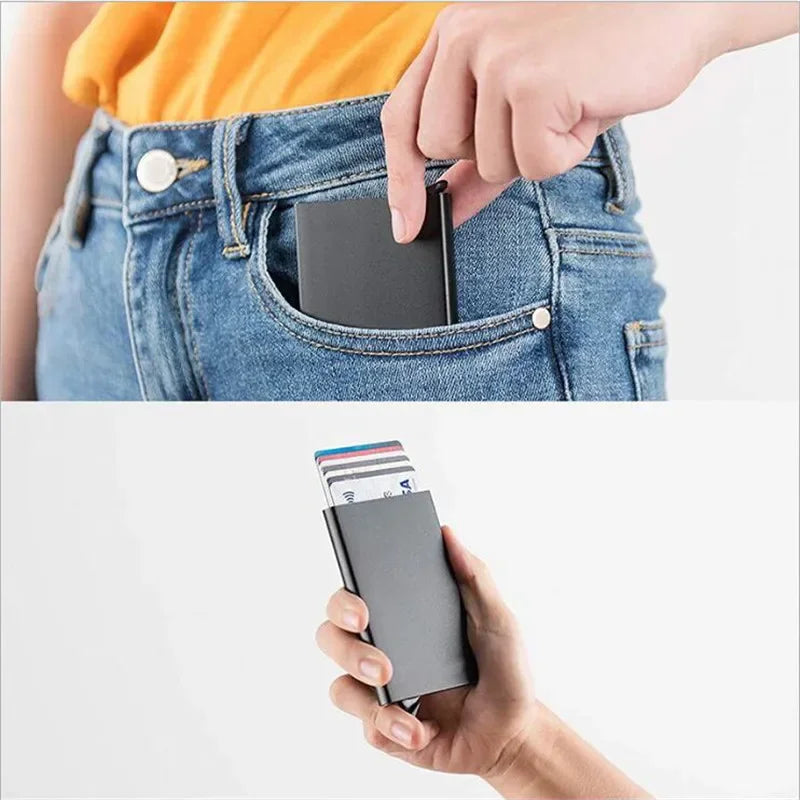 Rfid Credit Card Holder Metal Thin Slim Smart Wallet for Men and Women Minimalist Small Black Purse Mini Wallets