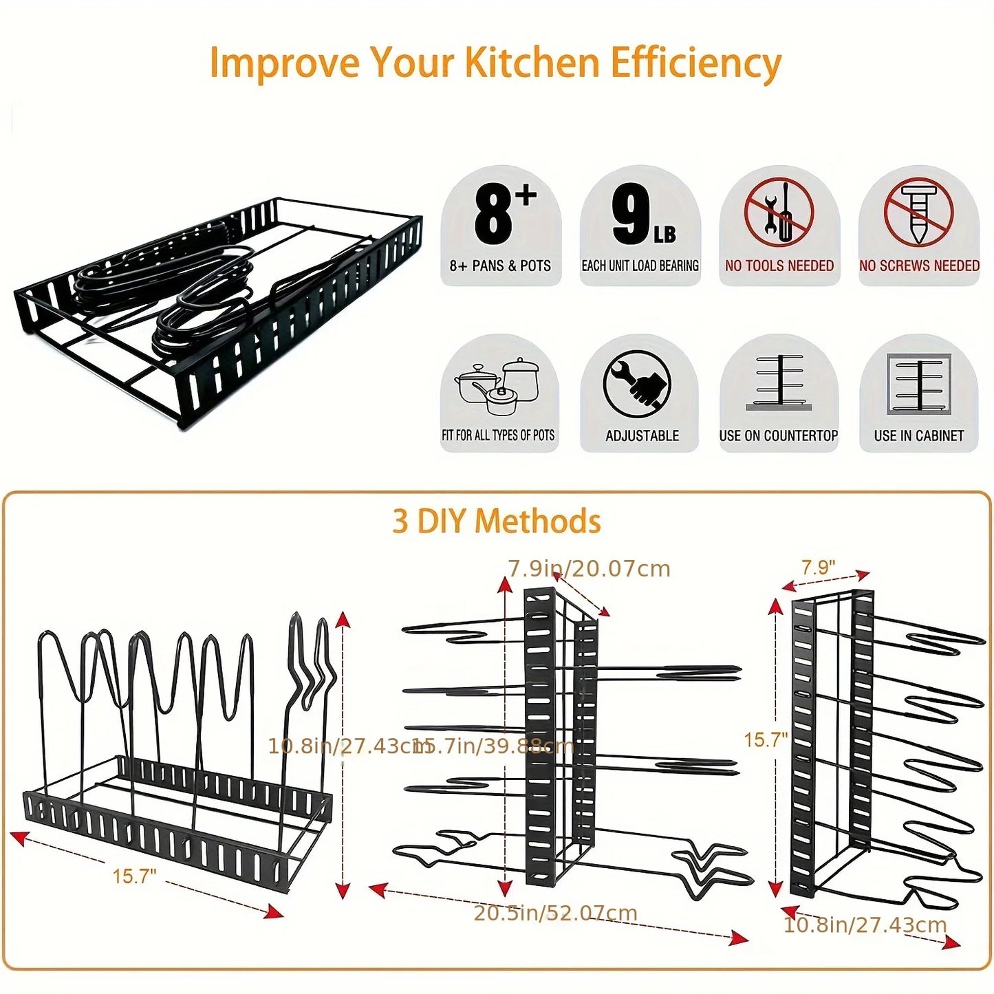 2 Pack Pot Rack Organizers Kitchen Organization and Storage Rack Adjustable Pot Lid Holders and Pan Rack