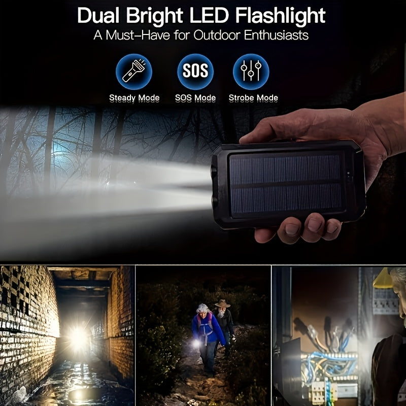 10000mAh USB Portable Charger Solar Power Bank For Mobile Phones Camping External Backup Battery Pack Dual 5V USB Port Output With LED Flashlight And Compass