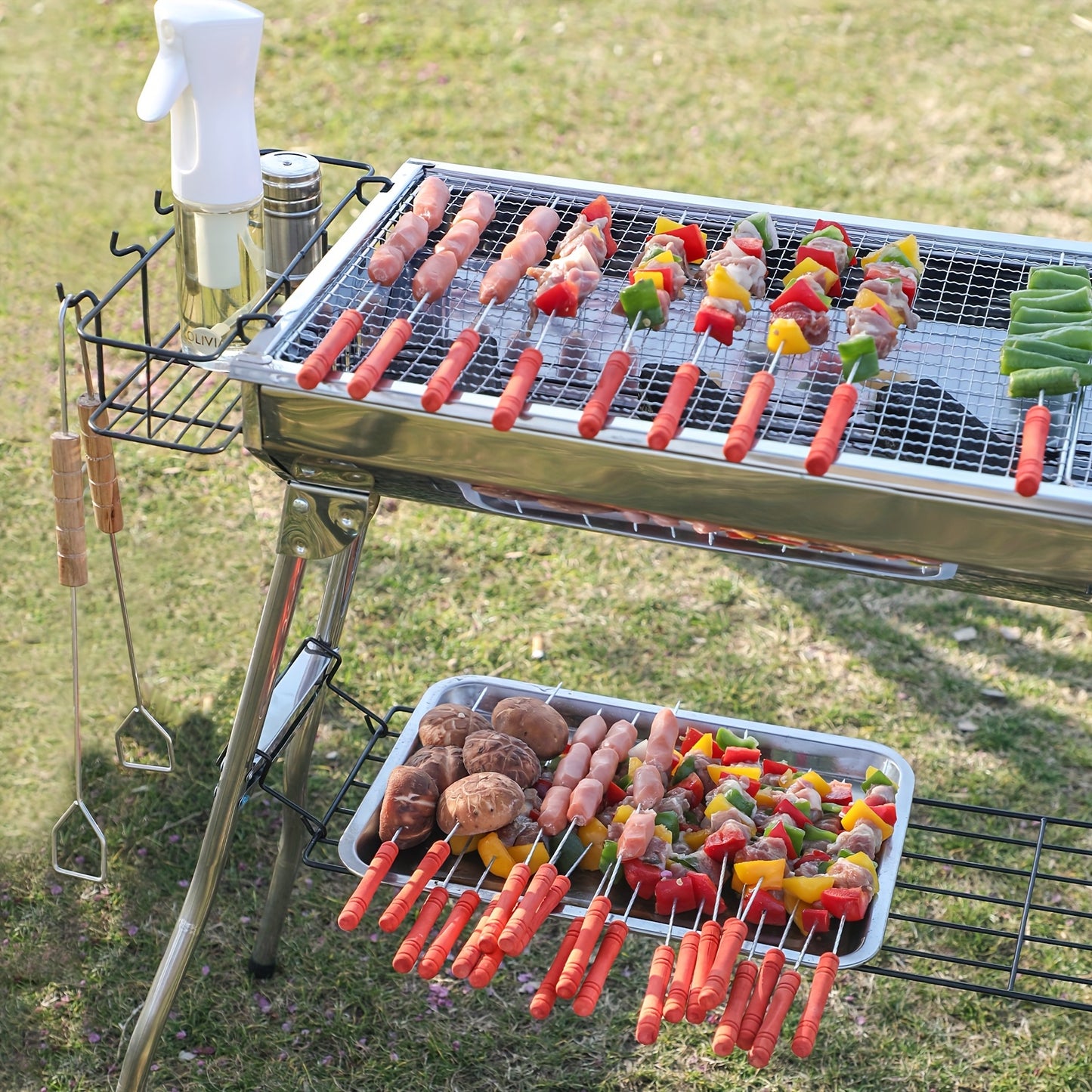 Portable Stainless Steel Folding Barbecue Grill With Tool Set Including Forks Shovels And Tongs Large Charcoal Grill With Side Tables And Condiment Storage Basket Ideal For Outdoor Cooking