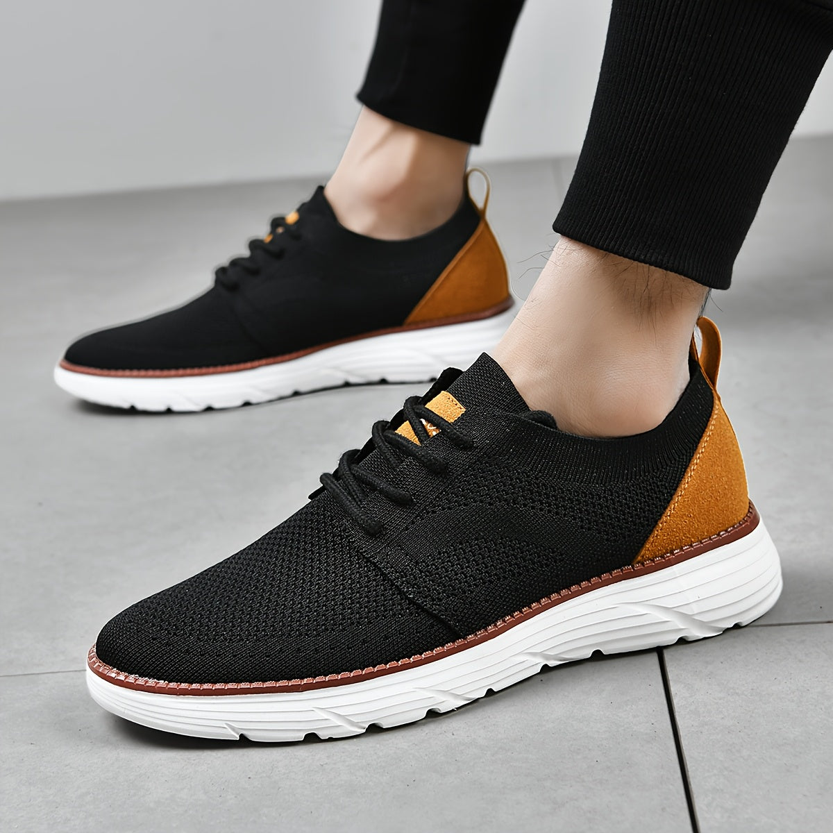 AOPLUS Men's Breathable Knit Walking Sneakers Black and Orange Contrast Casual Shoes Rubber Sole Lace Up Low Top Design All Season Comfort Sports and Daily Wear Flexible Footwear