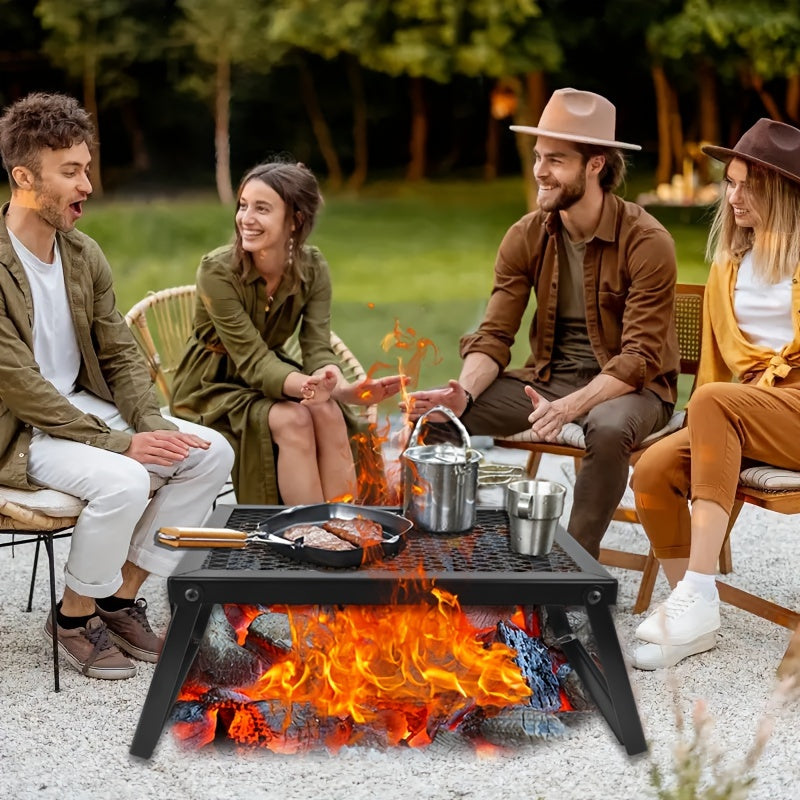 Heavy Duty Bonfire Grill and Firewood Rack with Kitchen Shelf Durable 2 Point 0 Thick Steel Ideal for Outdoor Camping Picnics RV Parties and Heating Includes Food Clips and Cleaning Cloth Men's Gift BBQ Grill