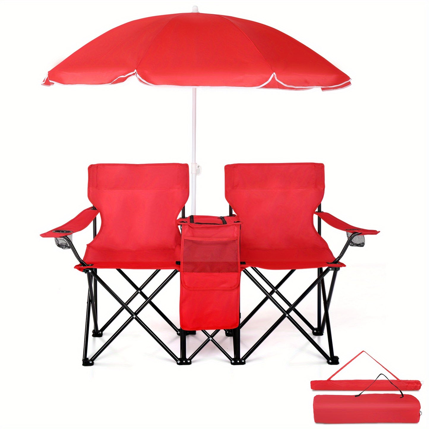 Folding Fishing Chair with Built In Umbrella Durable Oxford Fabric 18739LB Capacity Red Gray Coconut Tree Design Black Pineapple Pattern Ideal for Outdoor Patio Beach and Fishing Includes Carrying Bag