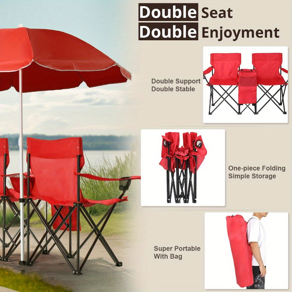 Folding Fishing Chair with Built In Umbrella Durable Oxford Fabric 18739LB Capacity Red Gray Coconut Tree Design Black Pineapple Pattern Ideal for Outdoor Patio Beach and Fishing Includes Carrying Bag