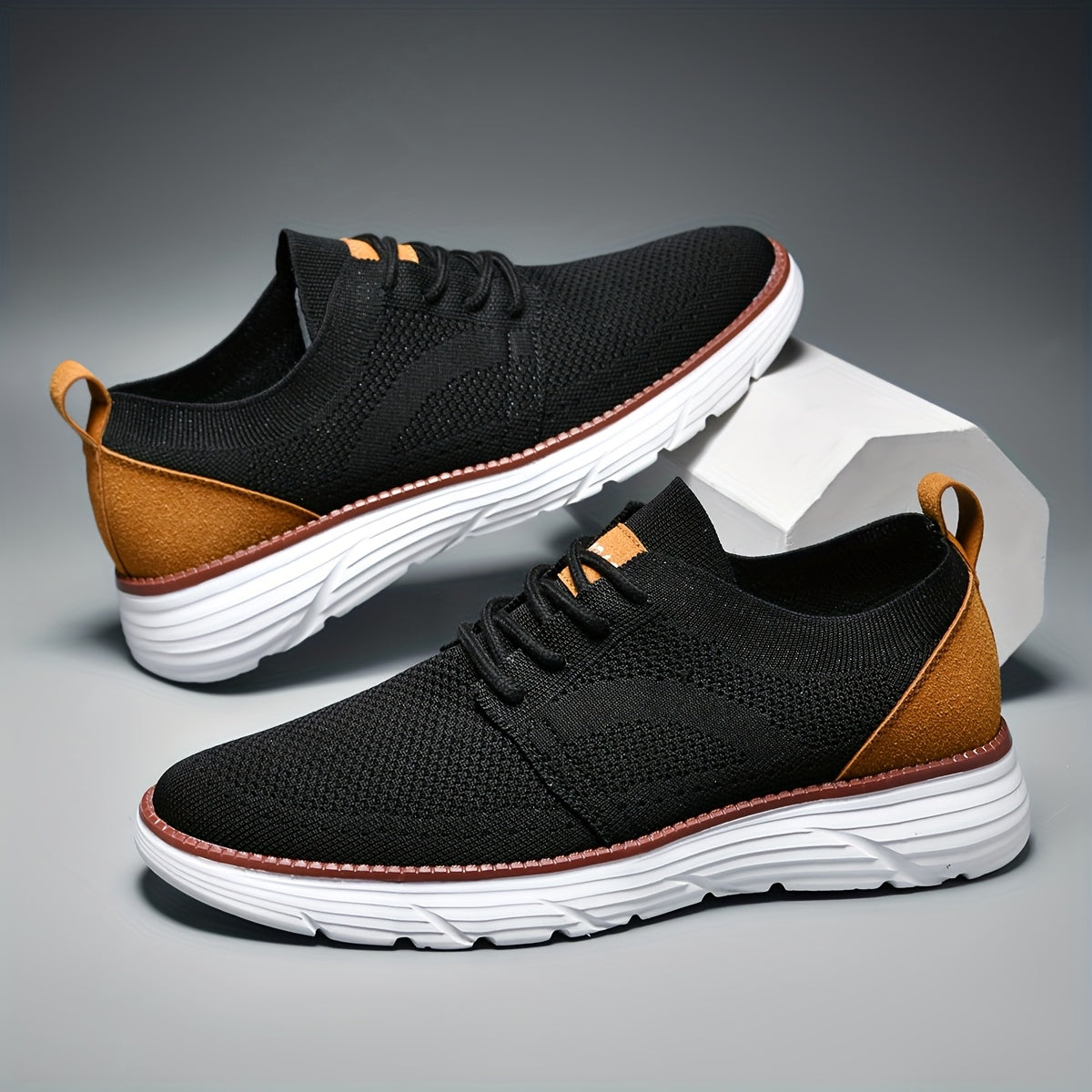 AOPLUS Men's Breathable Knit Walking Sneakers Black and Orange Contrast Casual Shoes Rubber Sole Lace Up Low Top Design All Season Comfort Sports and Daily Wear Flexible Footwear