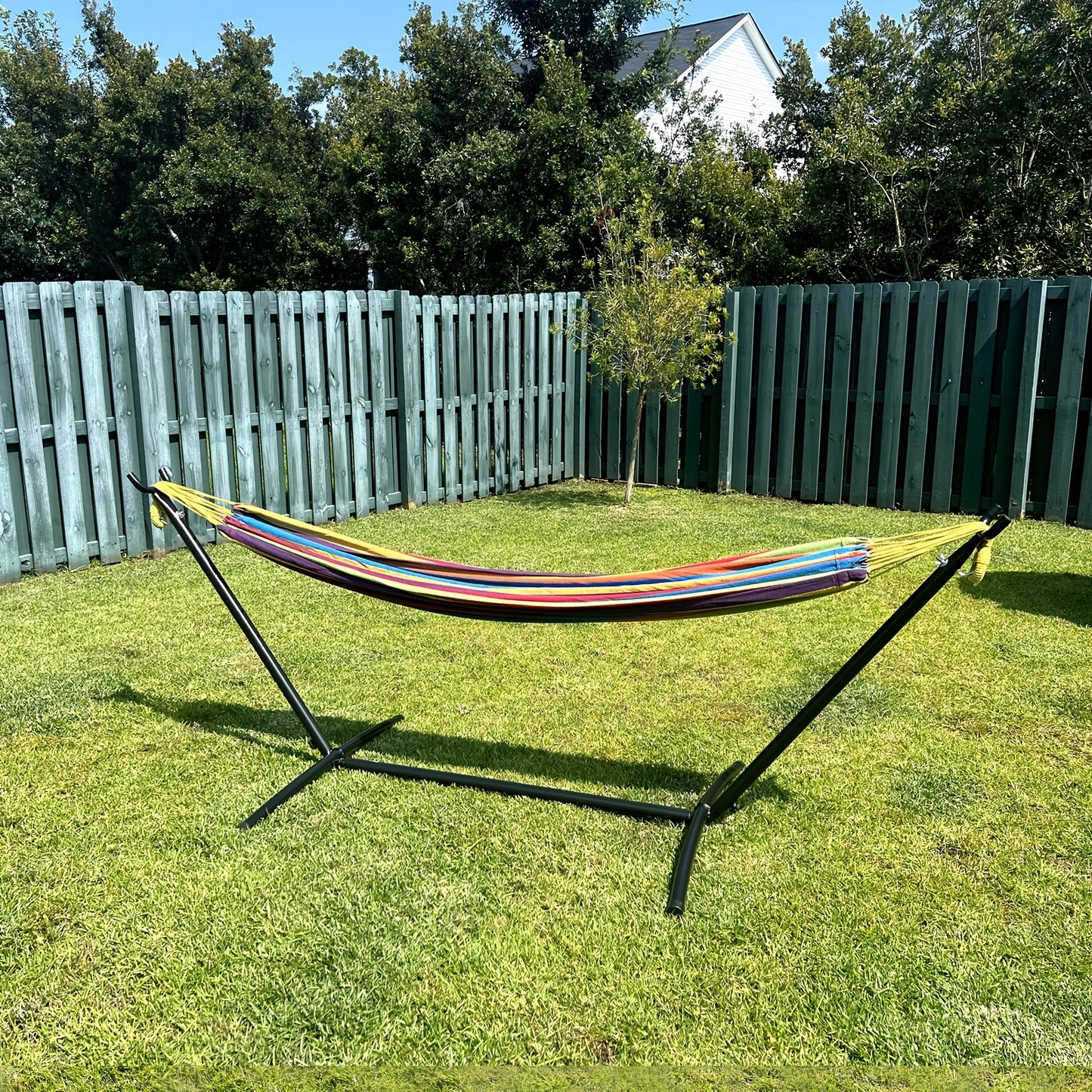 Double Hammock With Stand Included 450lb Capacity Steel Stand Premium Carry Bag And Two Anti Roll Balance Beam For Outdoor Relaxation And Camping Suitable For Adults Perfect Gift For Backyard And Travel Lovers