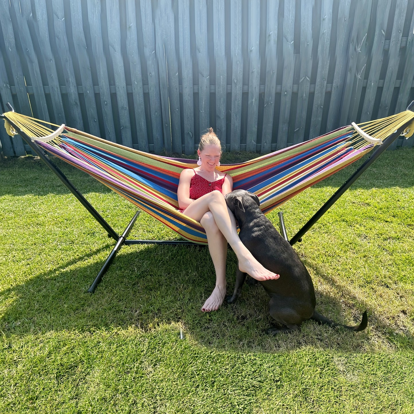 Double Hammock With Stand Included 450lb Capacity Steel Stand Premium Carry Bag And Two Anti Roll Balance Beam For Outdoor Relaxation And Camping Suitable For Adults Perfect Gift For Backyard And Travel Lovers