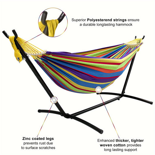 Double Hammock With Stand Included 450lb Capacity Steel Stand Premium Carry Bag And Two Anti Roll Balance Beam For Outdoor Relaxation And Camping Suitable For Adults Perfect Gift For Backyard And Travel Lovers