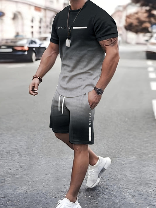 Men's Casual Two-Piece Set Gradient Color Top And Shorts Letter Print Paris Round Neck Short-Sleeved T-Shirt With Drawstring And Pockets Suitable For Summer Outdoor Wear
