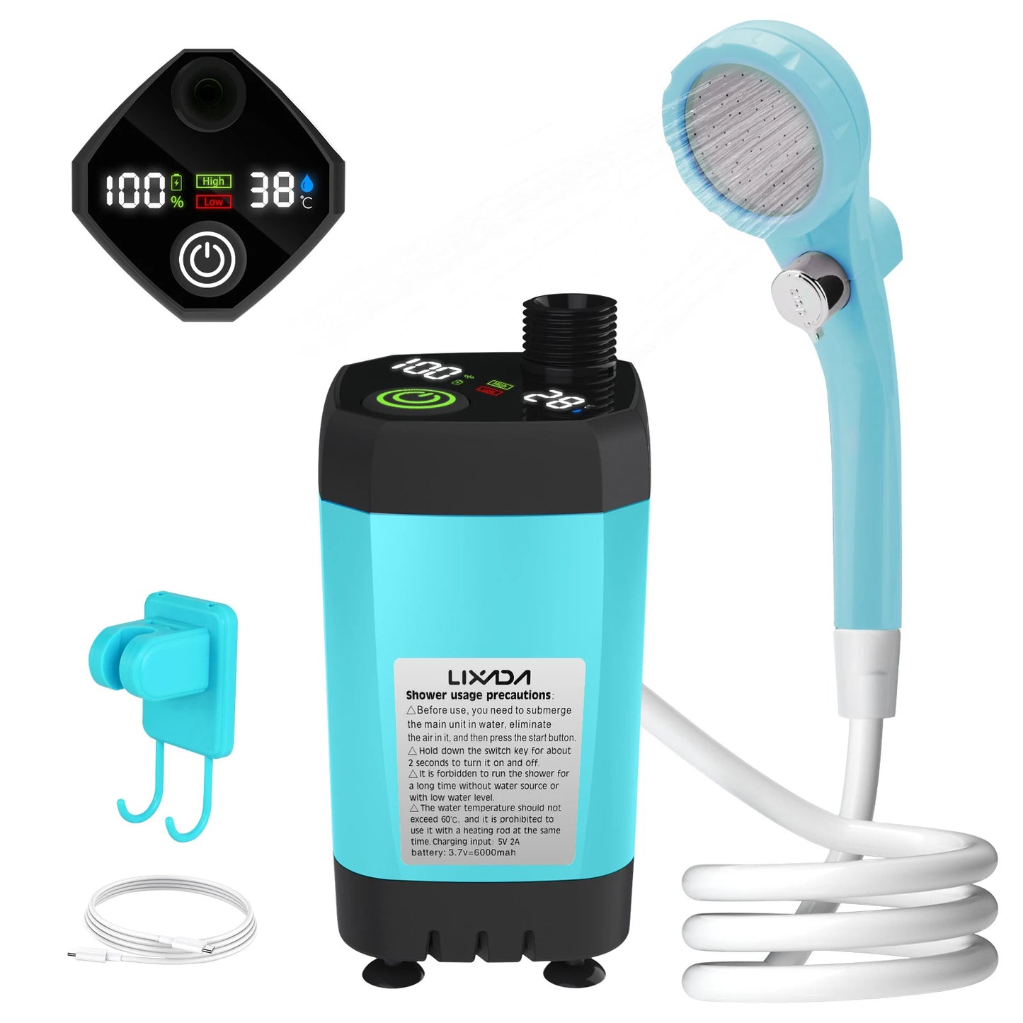 Camping Shower Pump RV Outdoor Shower Kit Portable Camp Shower with Intelligent Digital Display Adjustable 6000mAh Battery