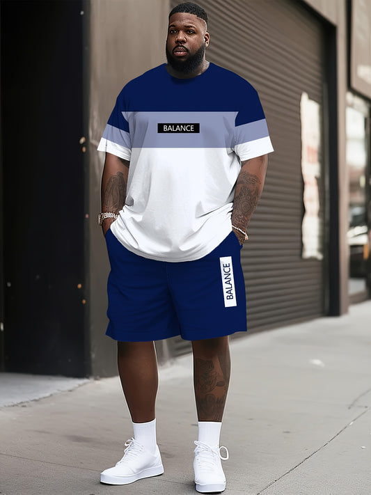 Large Size Men's Two Piece Suit Color Block Pattern 3D Printed Clothing Set Short Sleeve T Shirt and Fashion Shorts Plus Size