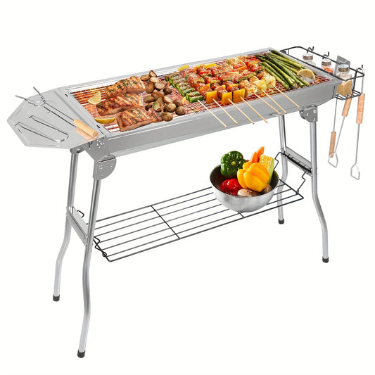 Portable Stainless Steel Folding Barbecue Grill With Tool Set Including Forks Shovels And Tongs Large Charcoal Grill With Side Tables And Condiment Storage Basket Ideal For Outdoor Cooking