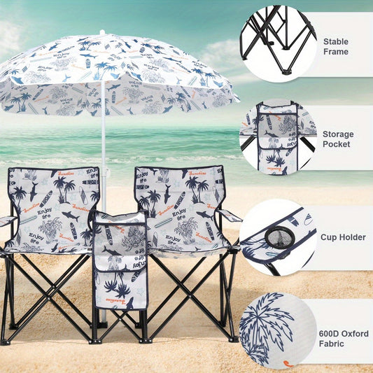 Folding Fishing Chair with Built In Umbrella Durable Oxford Fabric 18739LB Capacity Red Gray Coconut Tree Design Black Pineapple Pattern Ideal for Outdoor Patio Beach and Fishing Includes Carrying Bag
