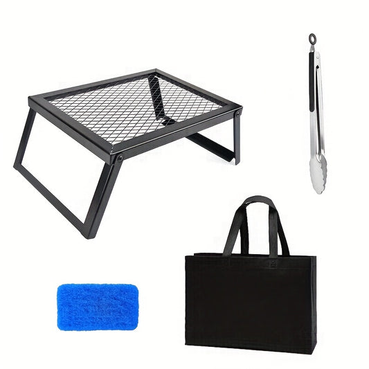 Heavy Duty Bonfire Grill and Firewood Rack with Kitchen Shelf Durable 2 Point 0 Thick Steel Ideal for Outdoor Camping Picnics RV Parties and Heating Includes Food Clips and Cleaning Cloth Men's Gift BBQ Grill